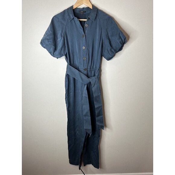 J. Crew Belted Jumpsuit Blue Puff Sleeve Boho Silky Pockets Button Down 2 $268 - Picture 4 of 11
